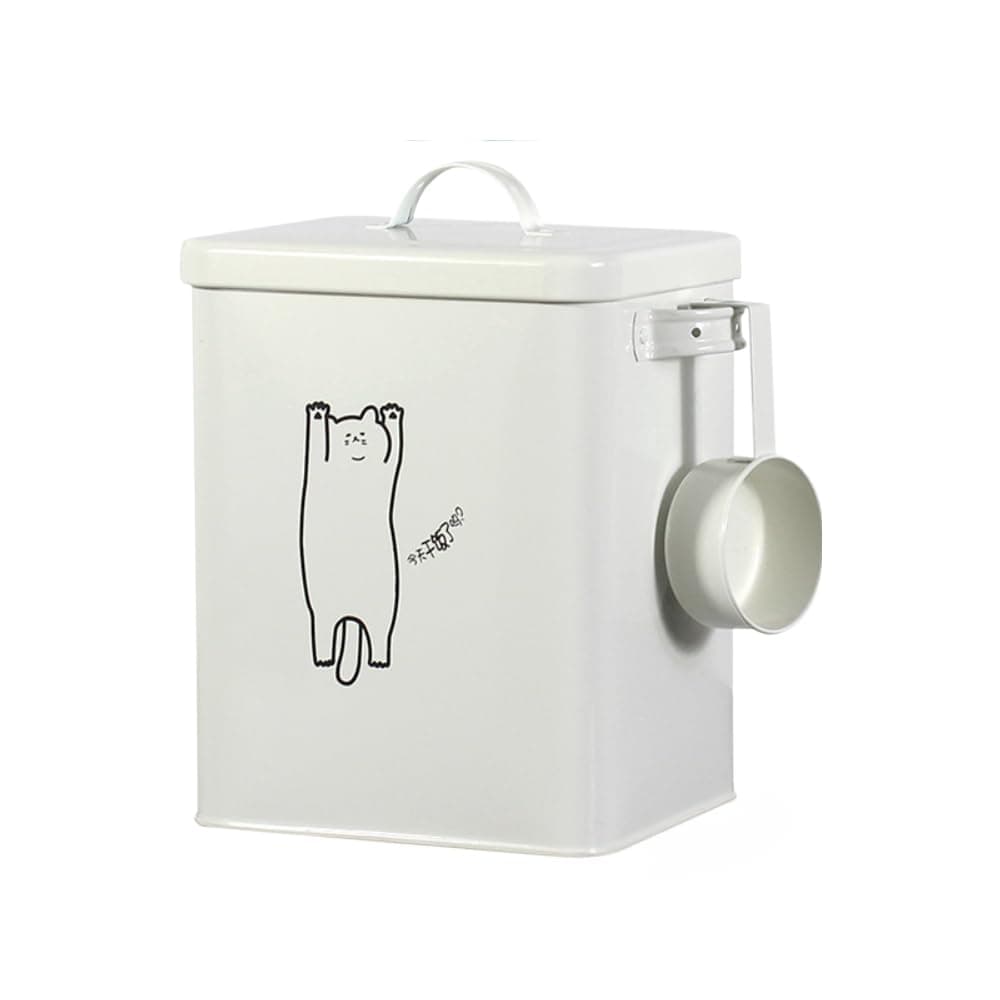 Metal Pet Food Storage Container with Scoop, White Cat Design, 23cm Height, Airtight Kitchen Storage Canister with Handle, Moisture-Proof Pet Food Container with Measuring Cup (white)