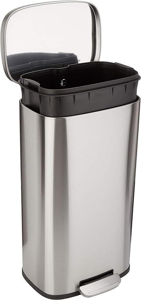 Amazon Basics Smudge Resistant Rectangular Trash Can With Soft-Close Foot Pedal, Brushed Stainless Steel, 30 litre/7.9 Gallon, Satin Nickel Finish, 13.8"L x 11.8"W x 25"H ['Satin Nickel'] Middle, 30 Liter/7.9 Gal