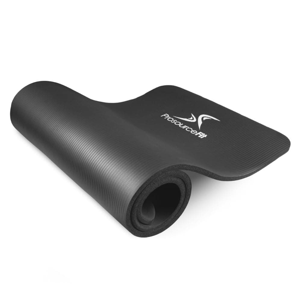 ‎ProsourceFit ProsourceFit Extra Thick Yoga and Pilates Mat ½” (13mm) or 1" (25mm), 71-inch Long High Density Exercise Mat with Comfort Foam and Carrying Strap 1/2" Black