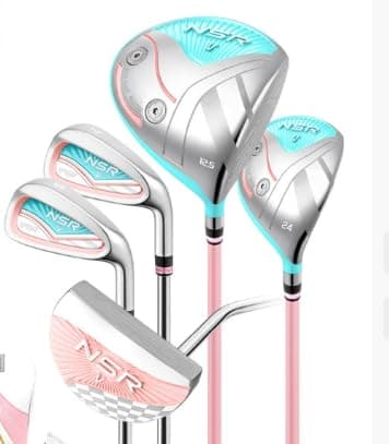 PGM 18 Piece Women's Golf Clubs Full Set for Right Handed, Complete Golf Set for Beginner to Intermediate Golfers with Driver, Woods, Hybrid, Irons, P/S Wedges, Putter, Headcovers and Stand Bag Pink Blue