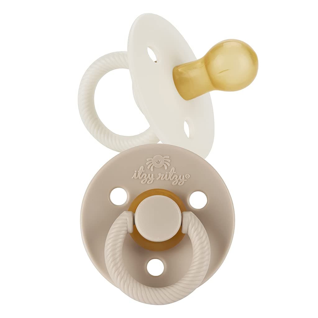 Itzy Ritzy Natural Rubber Newborn Pacifiers (Set of 2) – Baby Pacifiers with Cherry-Shaped Nipple & Large Air Holes for Added Safety; Set of 2 Binkies in Coconut & Toast (Ages 0 – 6 Months) Coconut/Toast 0-6 Month
