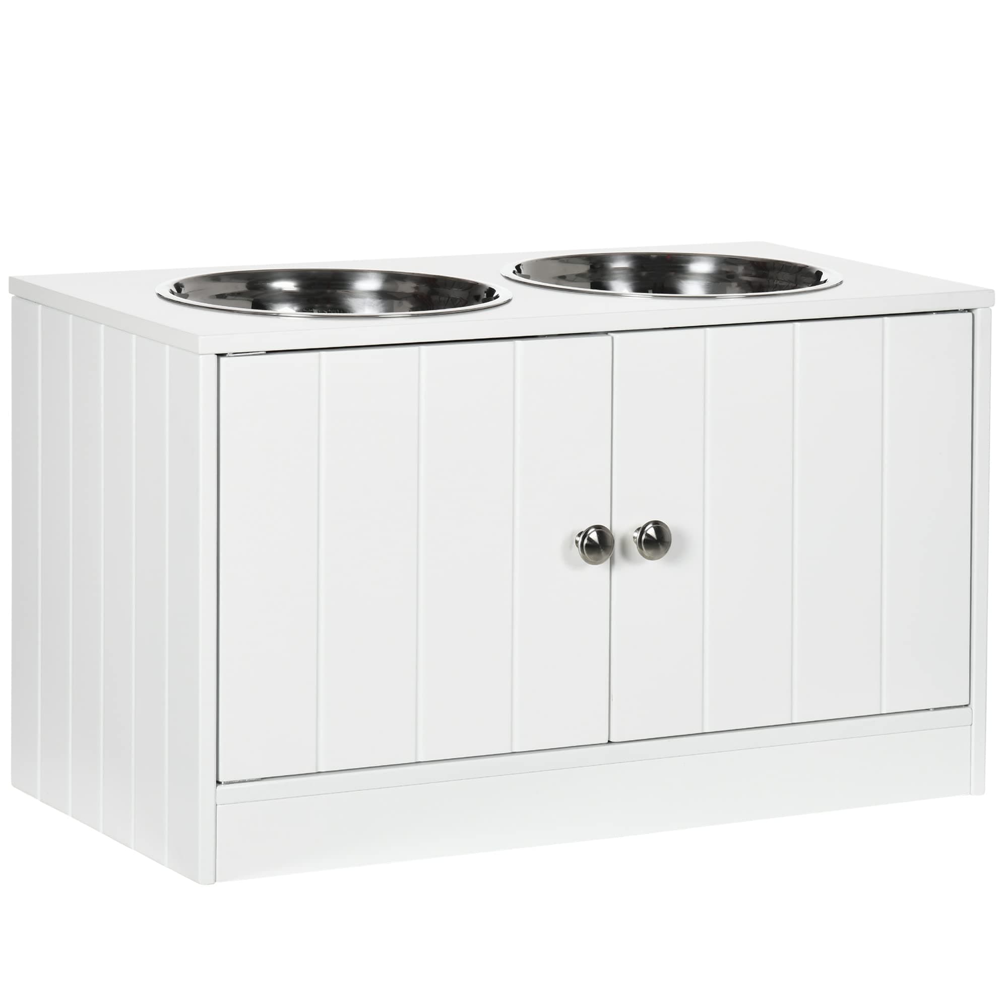 Large Elevated Dog Bowls with Storage Cabinet for Pet Accessories, Raised Dog Feeding Station, Stainless Steel Bowls, White