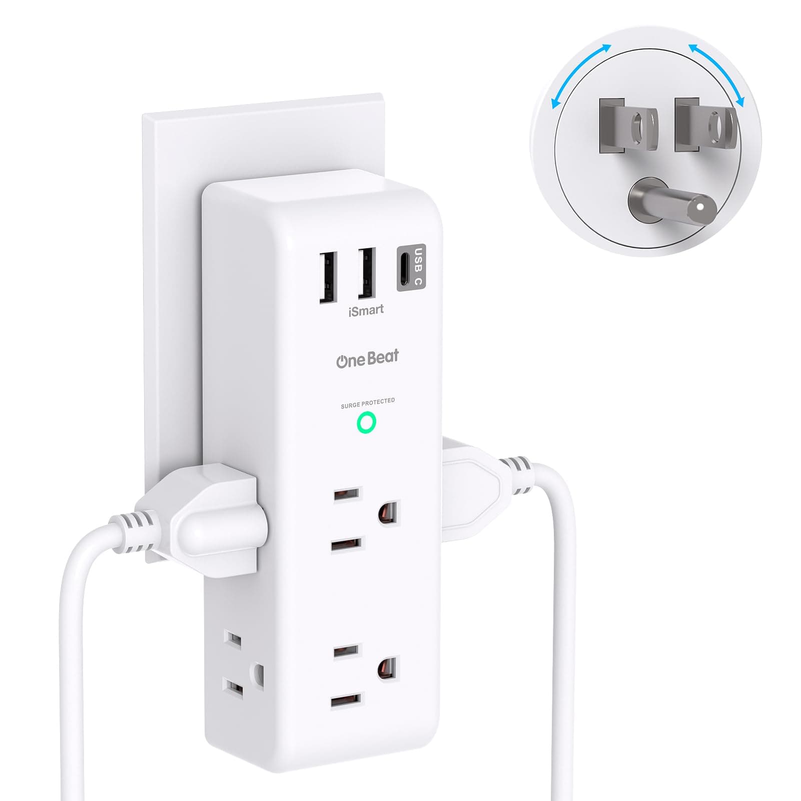 Surge Protector Outlet Extender - with Rotating Plug, 6 AC Multi Plug Outlet with 3 USB Ports (1 USB C), 1800J Wall Charger, 3-Sided Power Strip with Spaced Outlet Splitter for Home, Office, Travel 1C2A, 1 Pack White