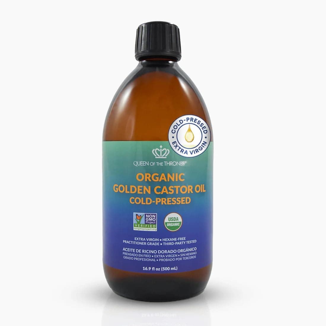QUEEN OF THE THRONES Organic Golden Castor Oil | 100% Pure for Hair, Skin, Nails, Brows & Lashes | Hexane-Free | USDA Certified [16.9oz (500ml)] 16.9 Fl Oz (Pack of 1)