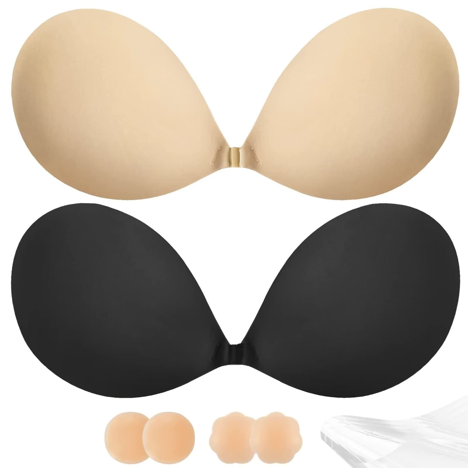 Adhesive Bra Push Up for Women 2 Pair, Sticky Invisible Lifting Bra, Backless Strapless Bras for Dress with Pasties C Black+nude