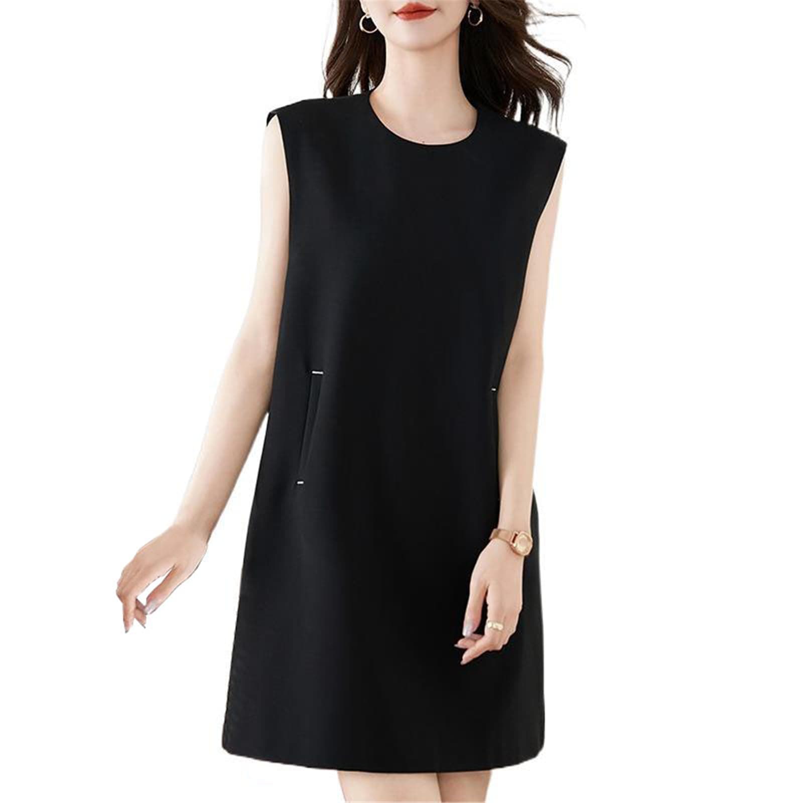 CHONG FENG XIA Women's Dress Plus-Size French Style Spring Summer Black A-Line Sleeveless Dresses for Lady Medium Black