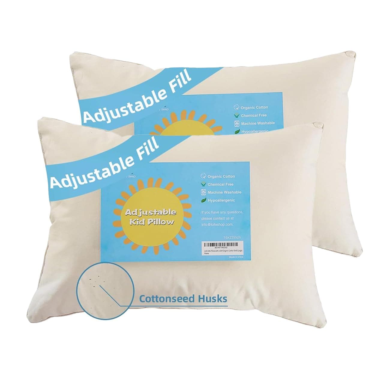 LOFE Organic Kids Pillow - 16x22 Toddler Pillow with 100% Organic Cotton Shell, 2 Pack Adjustable Loft Youth Pillow, Machine Washable Organic plilow, Soft, Perfect for Kids&Youth Off White 16x22in (2 pack)