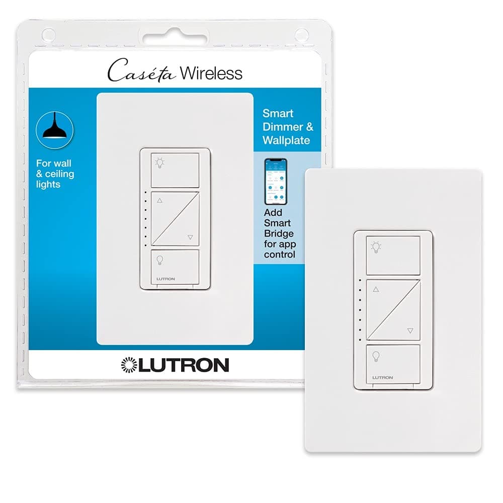 Lutron Caseta Original Smart Dimmer Switch With Wallplate (Lutron Smart Hub Required), for LED Lights, 150 Watt, Single-Pole/3-Way, No Neutral Required, PDW-6WCL-WH-A, White Dimmer w/Wallplate