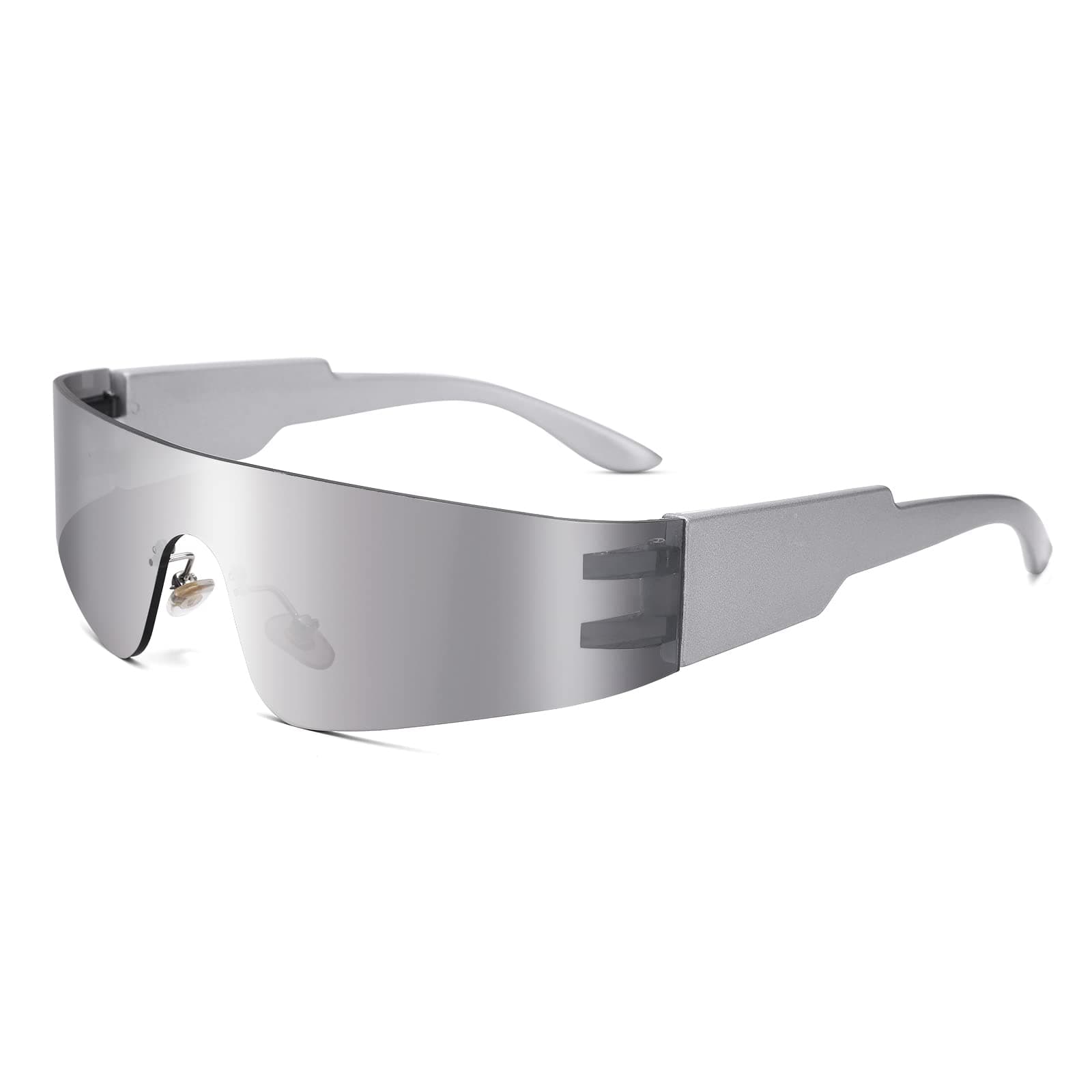 COASION Wrap Around Sunglasses for Women Men Trendy Rimless Futuristic Shades Y2k Shield Flat Top Fashion Eyeglasses A1 Silver / Silver Mirrored 70 Millimeters