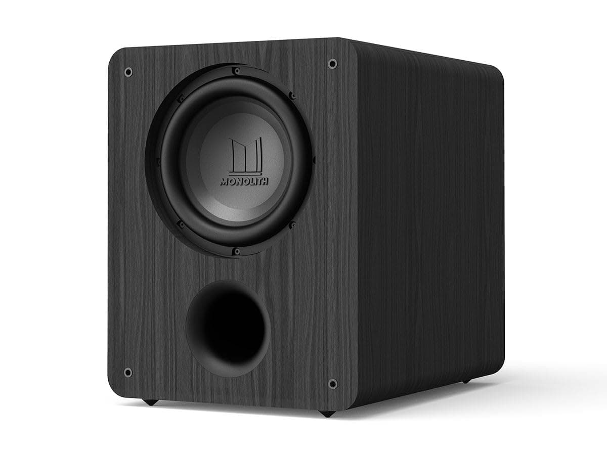 Monolith M-10 V2 10-Inch THX Certified Ultra 500 Watt Powered Subwoofer - Low Distortion, High Power Output, Vented HDF Cabinet, RCA and XLR Inputs, For Home Theater Systems, Black Ash Finish