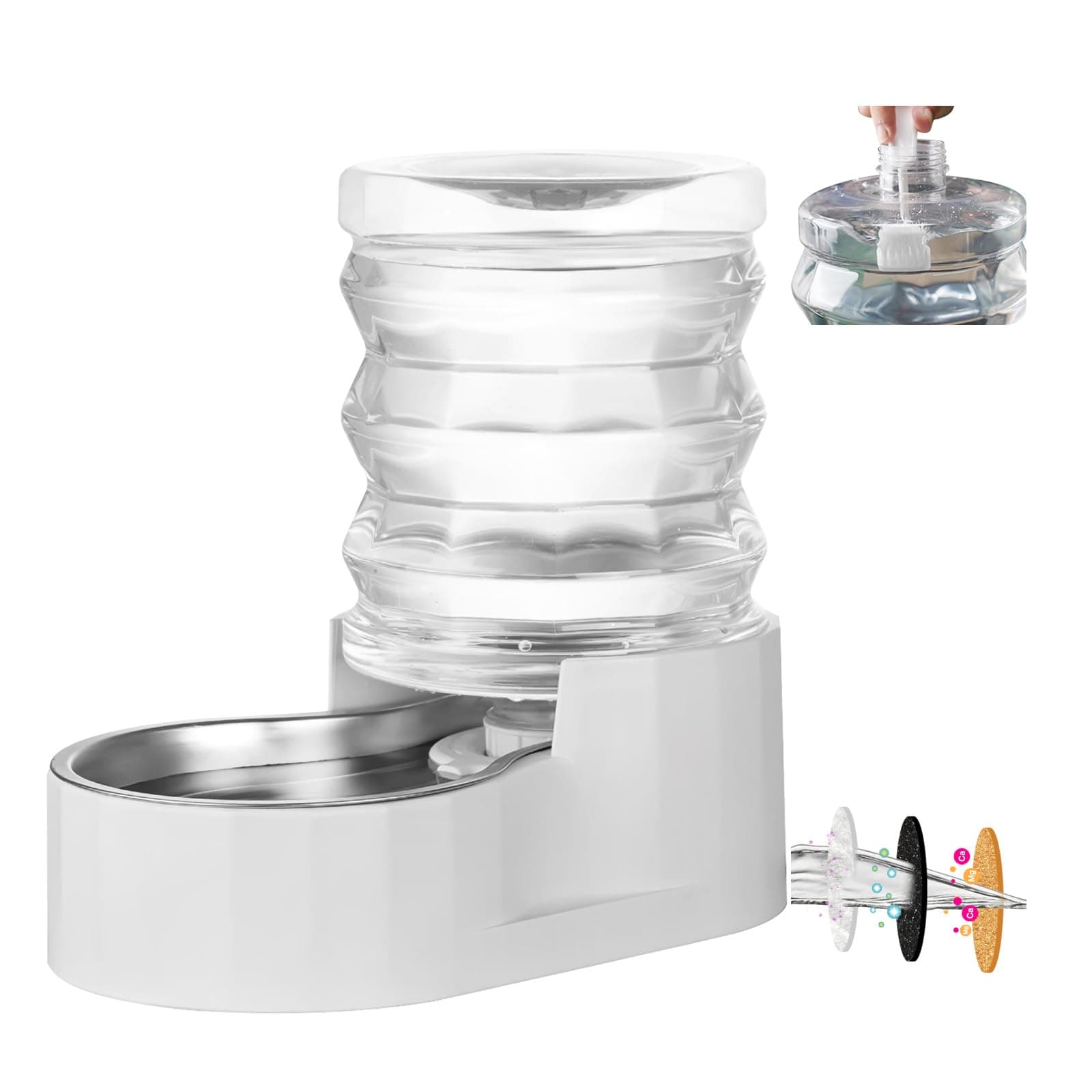 RIZZARI Dog Water Bowl Dispenser: 5L Large Automatic Stainless Steel Gravity Feeder with Specialized Brush and Triple Filter - for Cats with Joint Spine Pain - for Kitchen Bedroom 5L ['White']