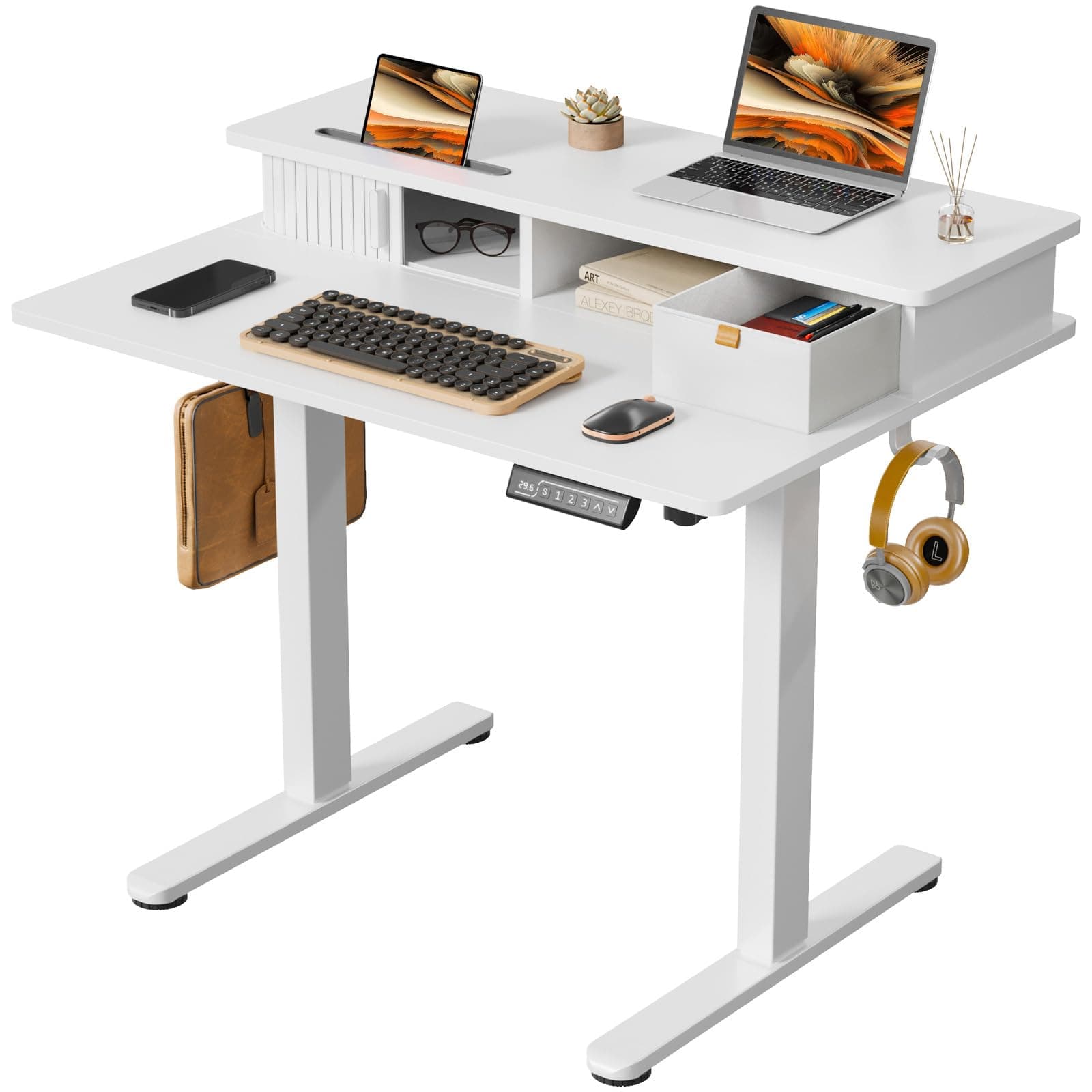 JOY worker JOY worker Small Electric Standing Desk, 35" x 25" Height Adjustable Desk with Built-in Monitor Stand & Storage Drawer, White Sit Stand Table with 2 Hooks for Home Office White 35inch