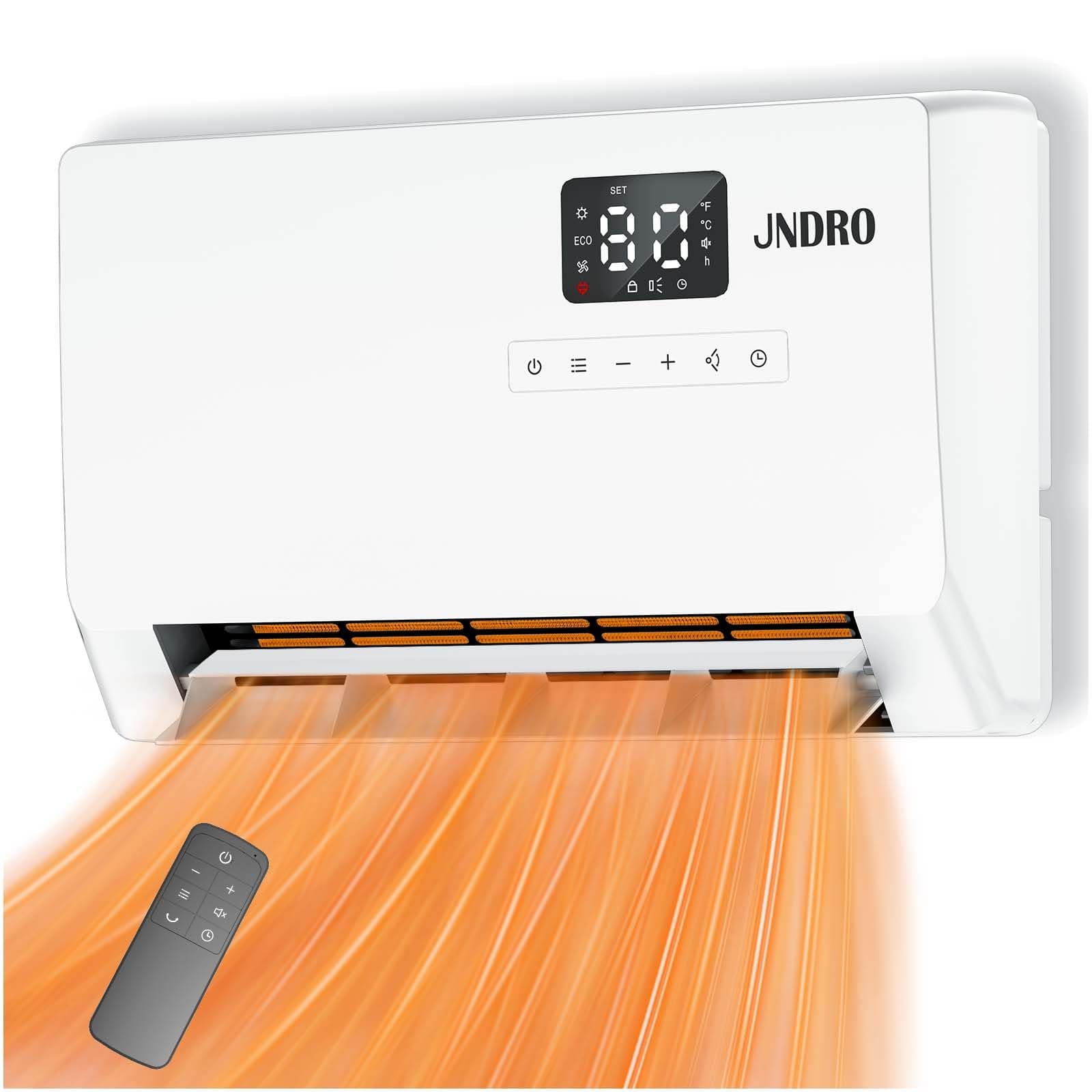 JNDRO Wall-Mounted Space Heater with ECO Thermostat and Remote Control, LED Display, 60°/90°/120° Oscillation Modes, 24-Hour Timer, Indoor Electric Space Heater 16.5" W