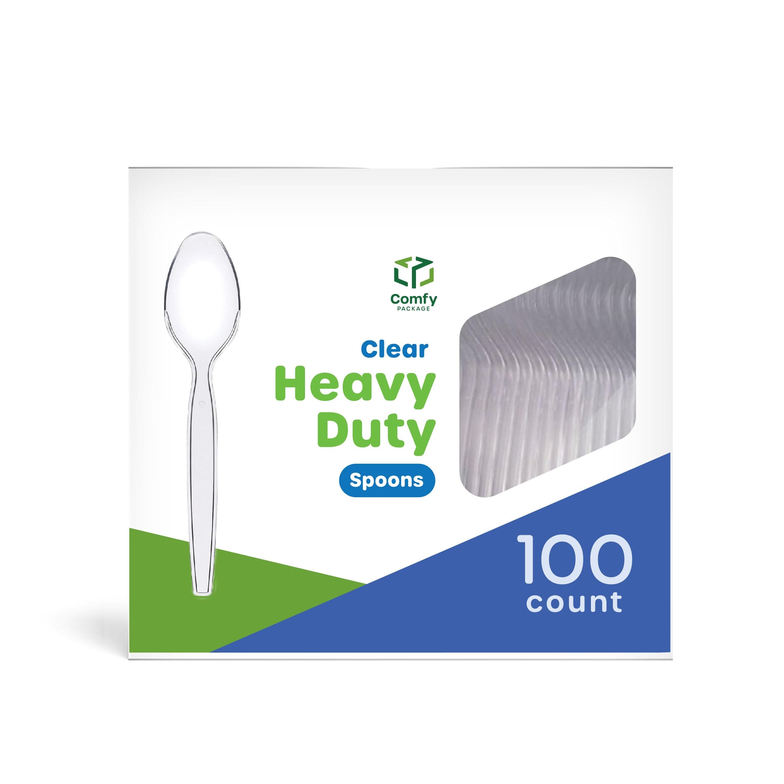 GUSTO [100 Pack] Heavy Duty Disposable Clear Plastic Spoons - Plastic Silverware, Basic Cutlery for Parties, Events, and Everyday Use (Formerly Comfy Package) Spoon 100 Count