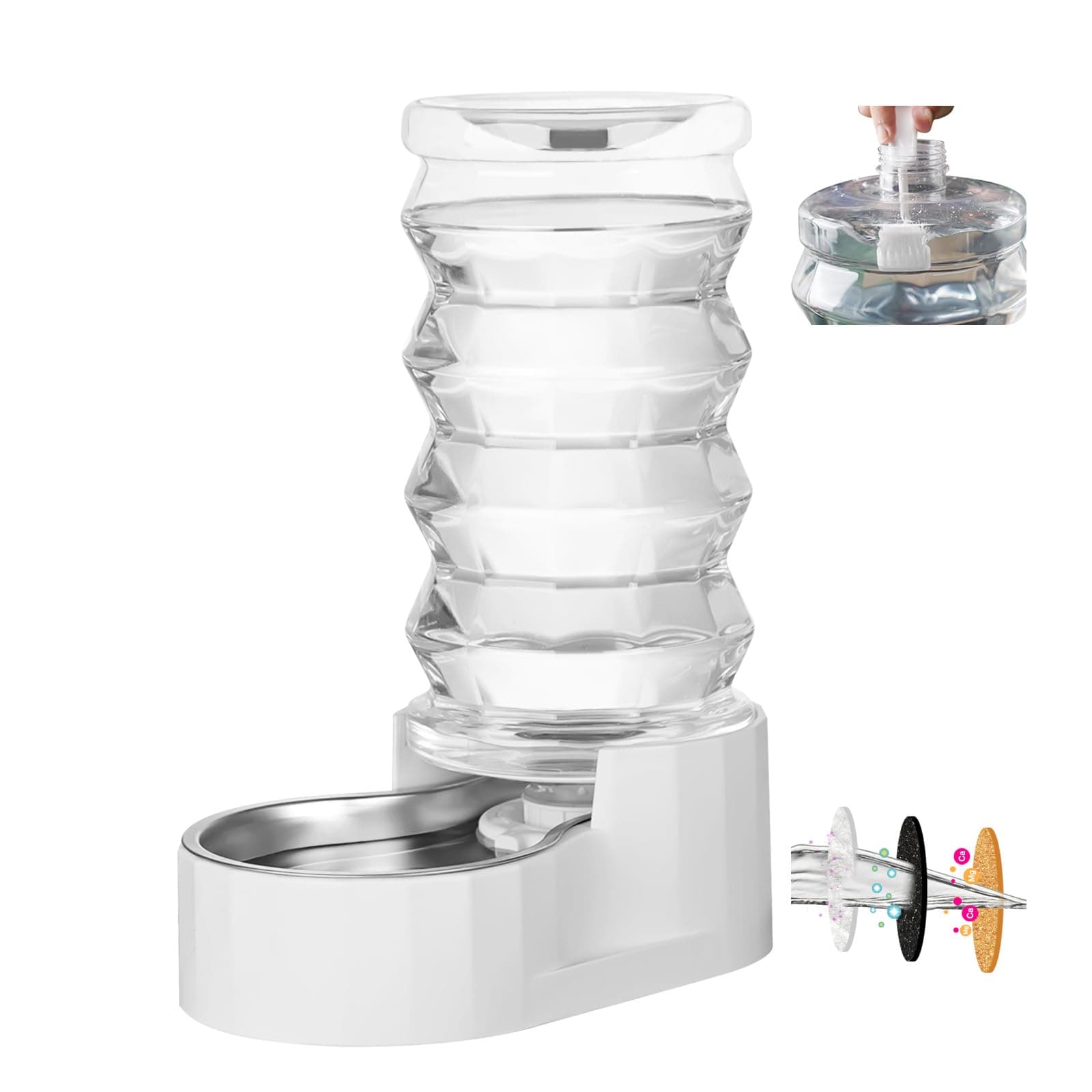 RIZZARI Large Gravity Water Dispenser: 8L Automatic Stainless Steel Dog Water Feeder with Specialized Brush and Triple Filter for Senior Pets with Spinal Problems - for Kitchen Living Room 8L White