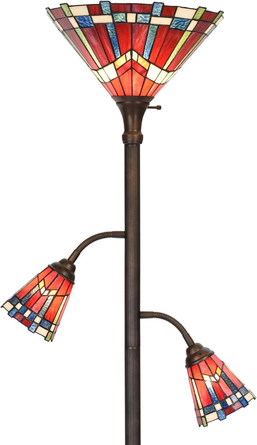 Bieye L10835 Mission Tiffany Style Stained Glass Floor Lamp for Reading Working Decorating, 3-Lights, 70 inches Tall Mission Red