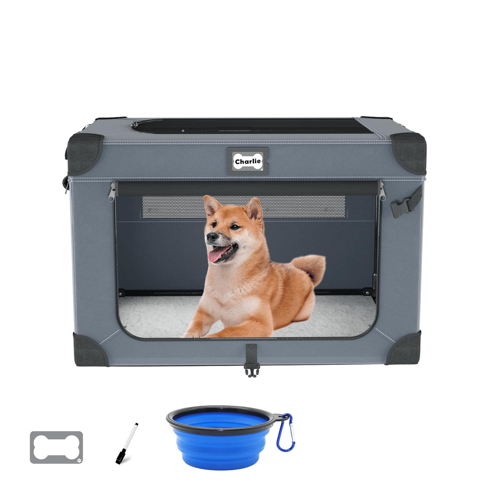 30 Inch Soft Dog Crates, Collapsible Dog Travel Crate for Medium Dogs Indoor & Outdoor, 3-Door Foldable Pet Kennel with Mesh Windows, Soft Blanket and Foldable Bowl 30.0"L x 21.0"W x 21.0"H Blue-M