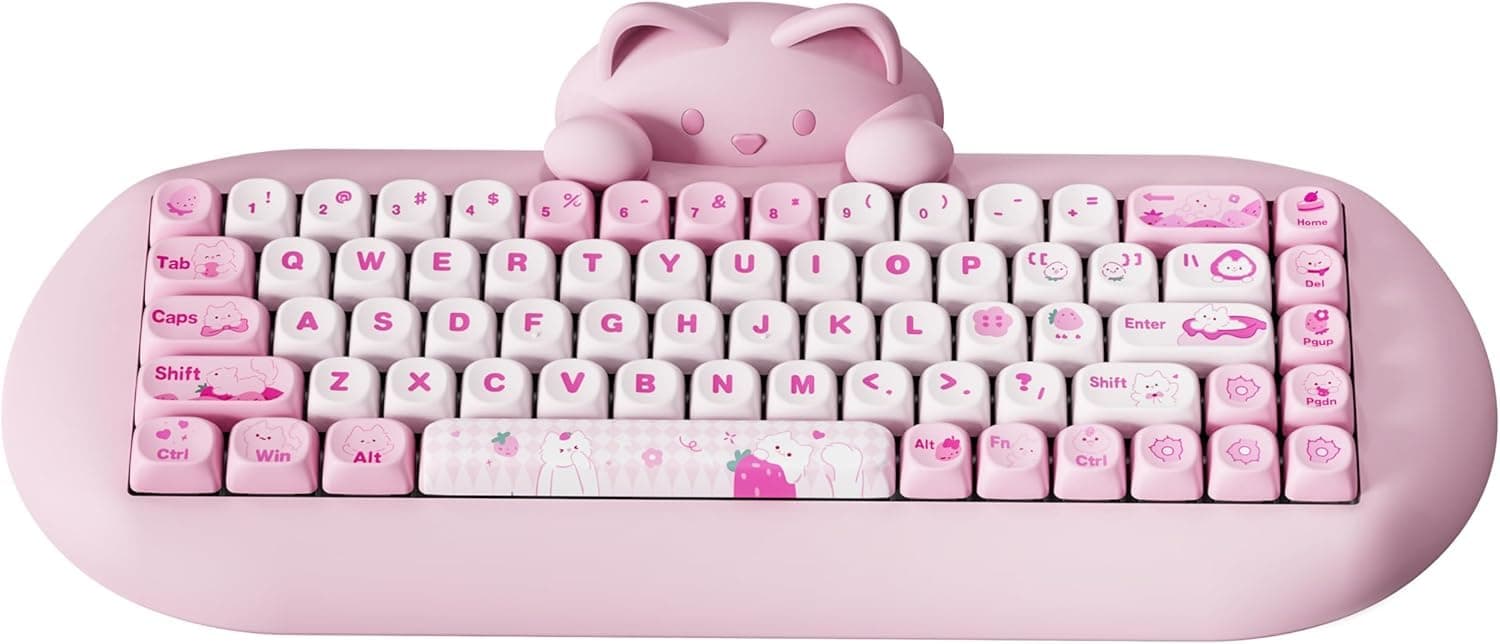 YUNZII YUNZII C68 Wireless Mechanical Keyboard,65% Layout,Hot Swap,Triple Mode BT5.0/2.4G/Wired, RGB Backlit NKRO,Cute Cat Silicone Ergonomic Design for Win/Mac (Pink, Milk Switch) Milk Switch Pink