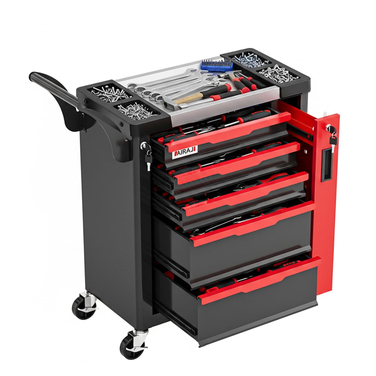 Tool Chest 5-Drawer | Rolling Tool Chest with Wheels/Side Drawer | Drawers Integrated Lockable | Tool Cart/Cabinet with Drawers for Garage Storage,Workshop | Safety Rounded Corner Anti-collision | Red 5 Drawers