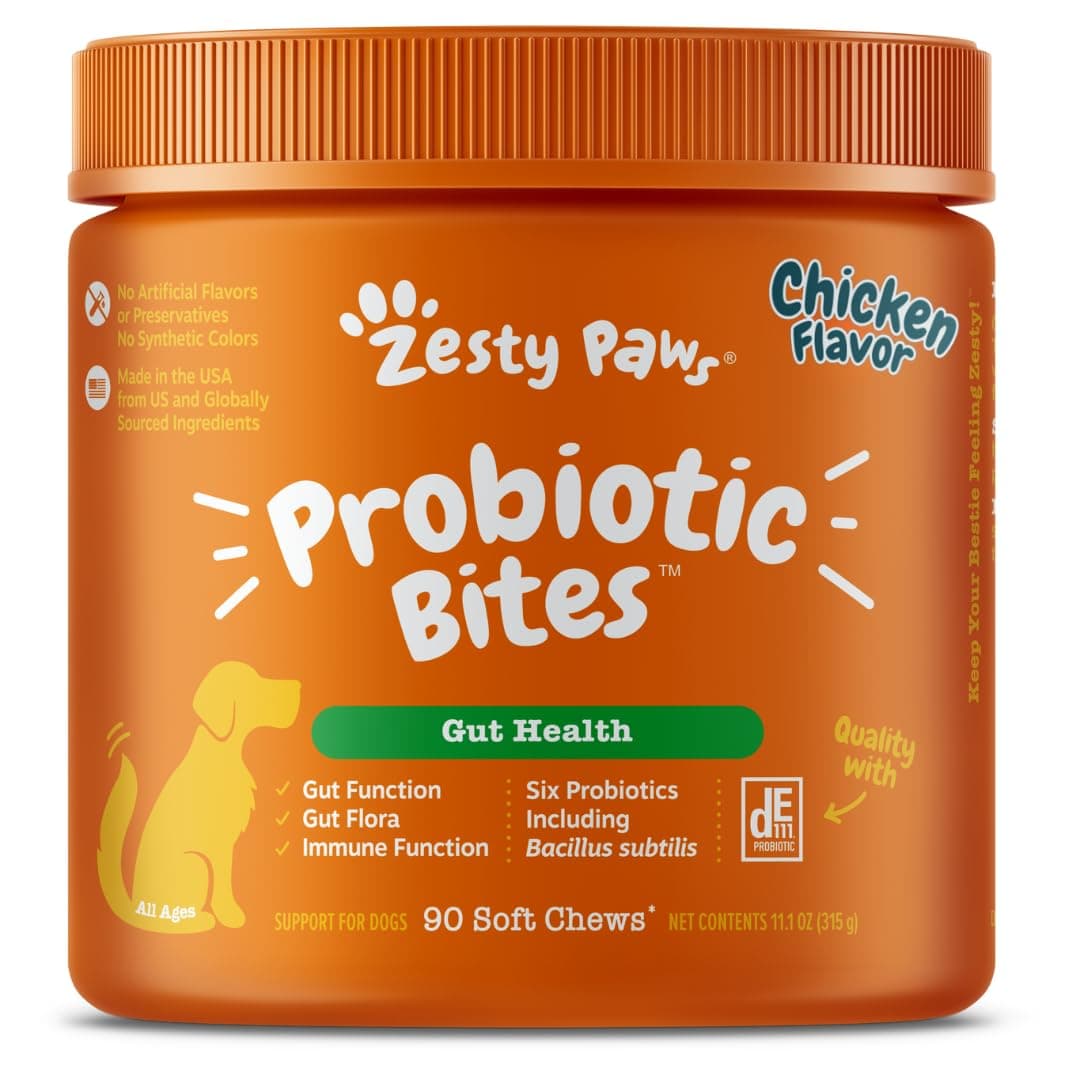 Zesty Paws Probiotics for Dogs, Digestive Enzymes Gut Flora, Digestive Health, Diarrhea & Bowel Support, DE111, Dog Probiotics Soft Chew for Pet Immune System, Chicken, 90 Ct Chicken 90 Count