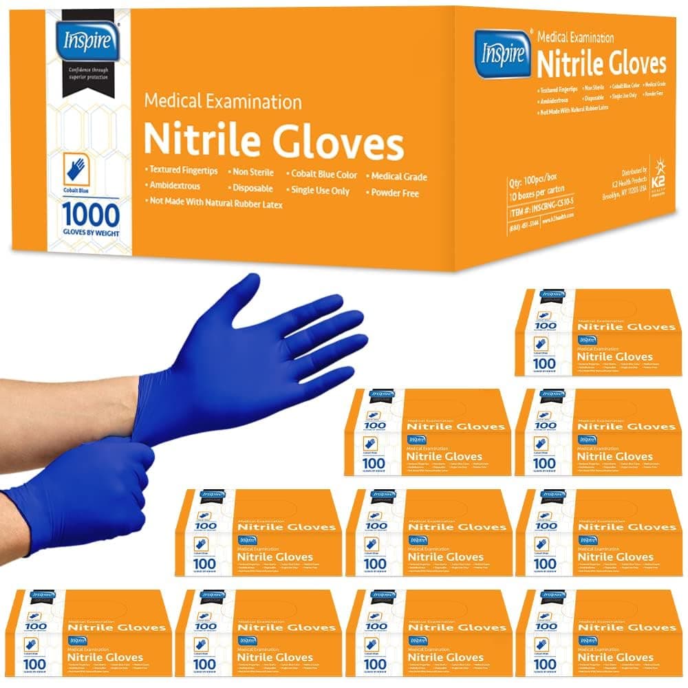 Inspire Nitrile Exam Gloves | The Original Quality Stretch Nitrile Cobalt Blue | 4.5 Gloves Disposable Latex Free Medical EMT Large Cobalt Blue