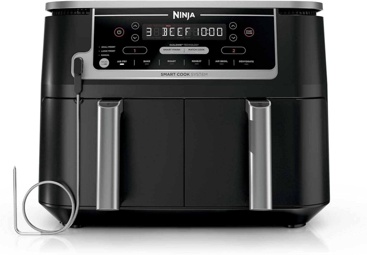 Ninja DZ550 Foodi 10 Quart 6-in-1 DualZone Smart XL Air Fryer with 2 Independent Baskets, Smart Cook Thermometer for Perfect Doneness, Match Cook & Smart Finish to Roast, Dehydrate & More, Grey 10QT w/Thermometer BLACK