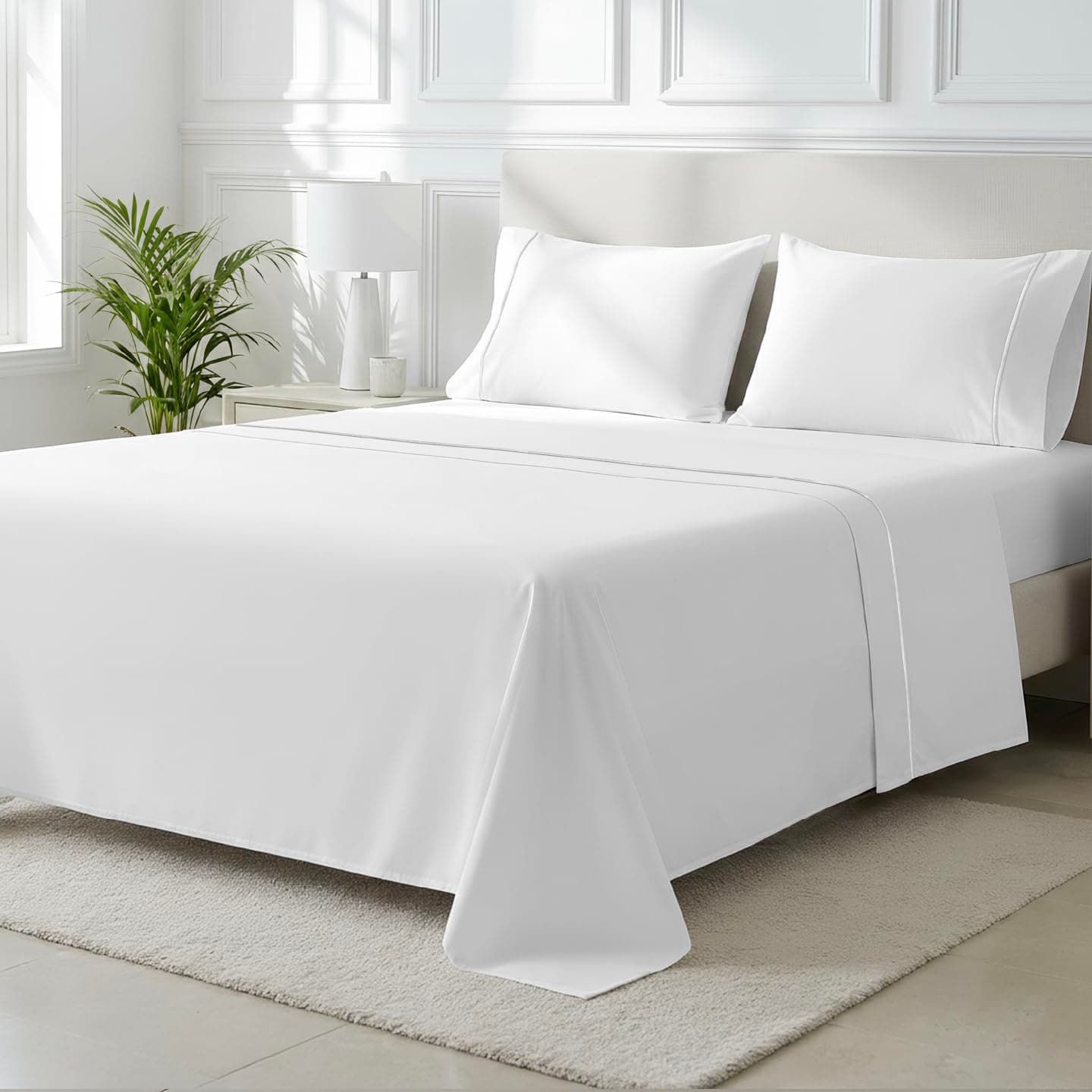 THREAD SPREAD THREAD SPREAD 100% Egyptian Cotton Queen Sheets Set - 2000 Series Luxury Queen Size Bed Sheets, Silky Soft & Cooling Sateen Weave, 17 Inch Deep Pocket Hotel Collection Sheet (4 Pc, White) Queen White
