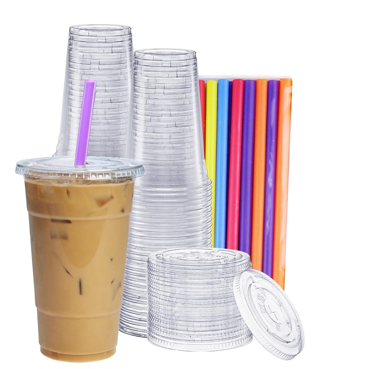 GUSTO [24 oz. - 100 Count Clear Cups with Flat Lids & Straws - Disposable Clear Drinking Cups for Iced Coffee, Cold Drinks, Milkshakes, and Smoothies - Formerly Comfy Package