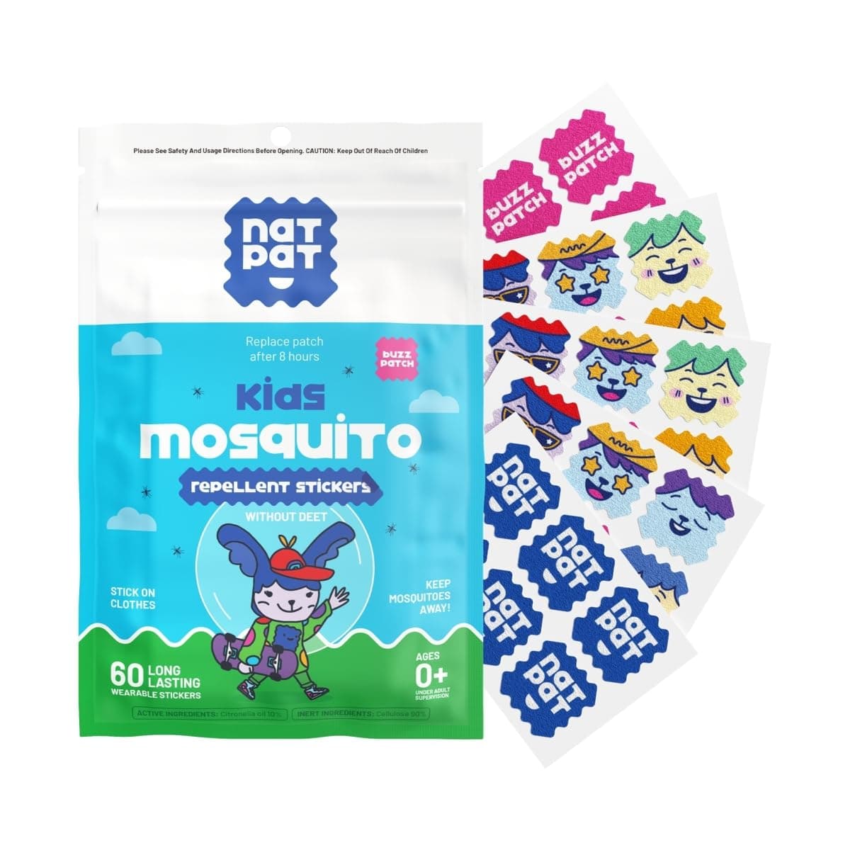 NATPAT Buzz Patch Mosquito Patch Stickers for Kids - Plant Based Ingredients, Non-Toxic - The Original All Natural Citronella Essential Oil Insect Patch, DEET Free, for Toddlers, Kids (60 Pack) 1