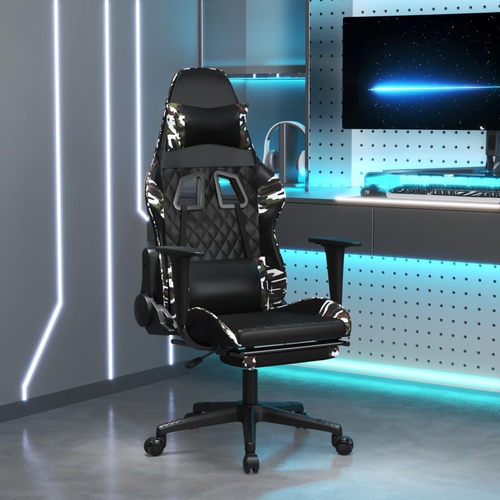 Camouflage Gaming Chair with Footrest, Adjustable Height & Reclining Function for Office and Computer Use, Ergonomic Design with Faux Leather Upholstery, 23.6 x 25.2 x 50.0 inches Black