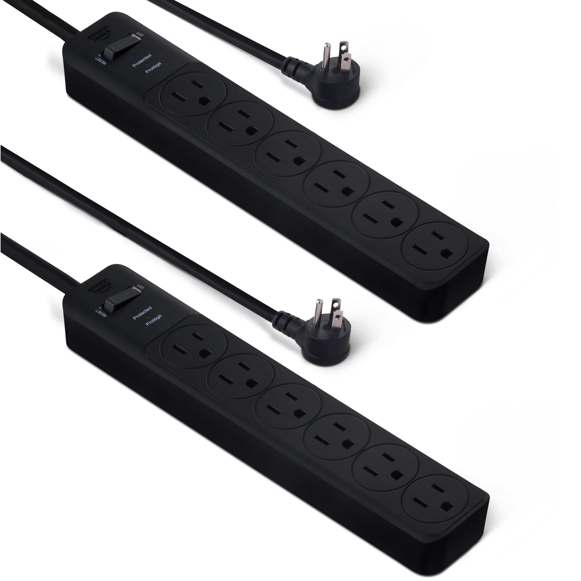 Amazon Basics Rectangle 6-Outlet, 600 Joule Surge Protector Power Strip, 2ft, Black, Small, 2-Pack 600 Joule Black 2 Pack
