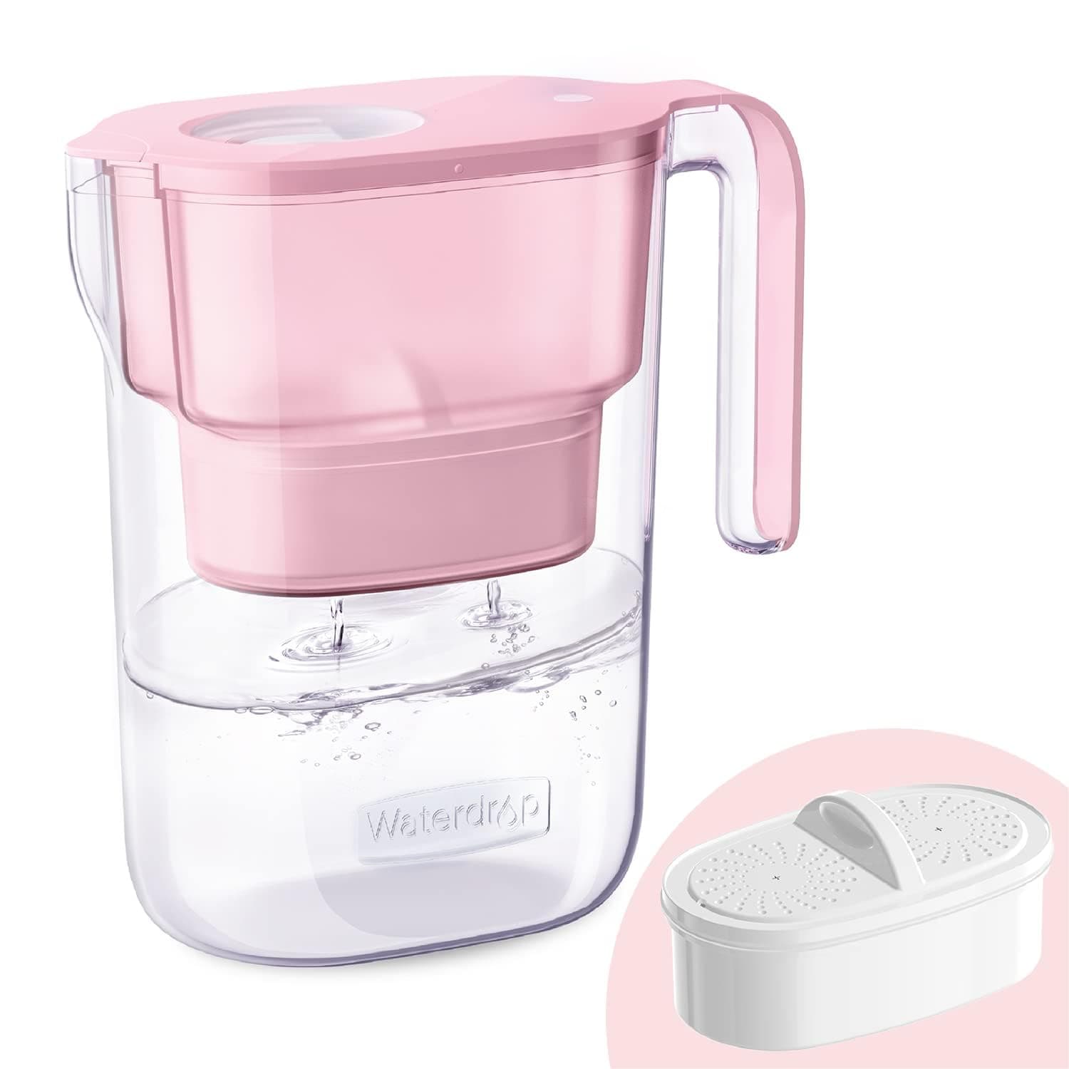 Waterdrop Water Filter Pitcher with 1 Filter, 5X Times Lifetime, Lasts 200 Gallons, for Fridge, Countertop and Gift, Reduces PFOA/PFOS, Chlorine, 7-Cup Capacity, Elfin, Pink BabyPink Smart Indicator