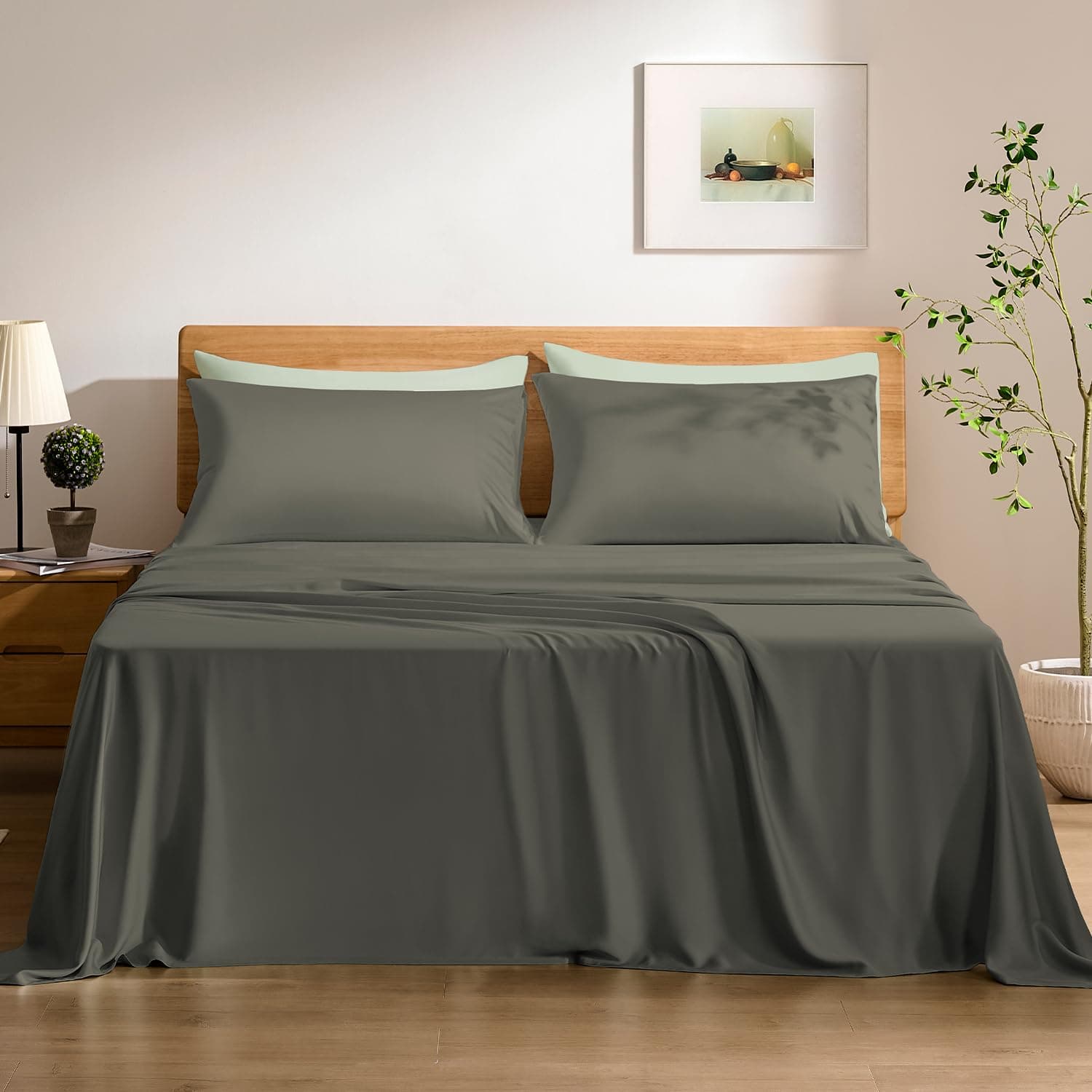 TOSMO TOSMO Luxury Cooling Sheet Set - 100% Viscose from Bamboo, 4-Piece Bedding Set (Queen Size) - 18” Extra Deep Pockets, Oeko-Tex Certified, Silky Soft and Breathable, Charcoal Charcoal Queen