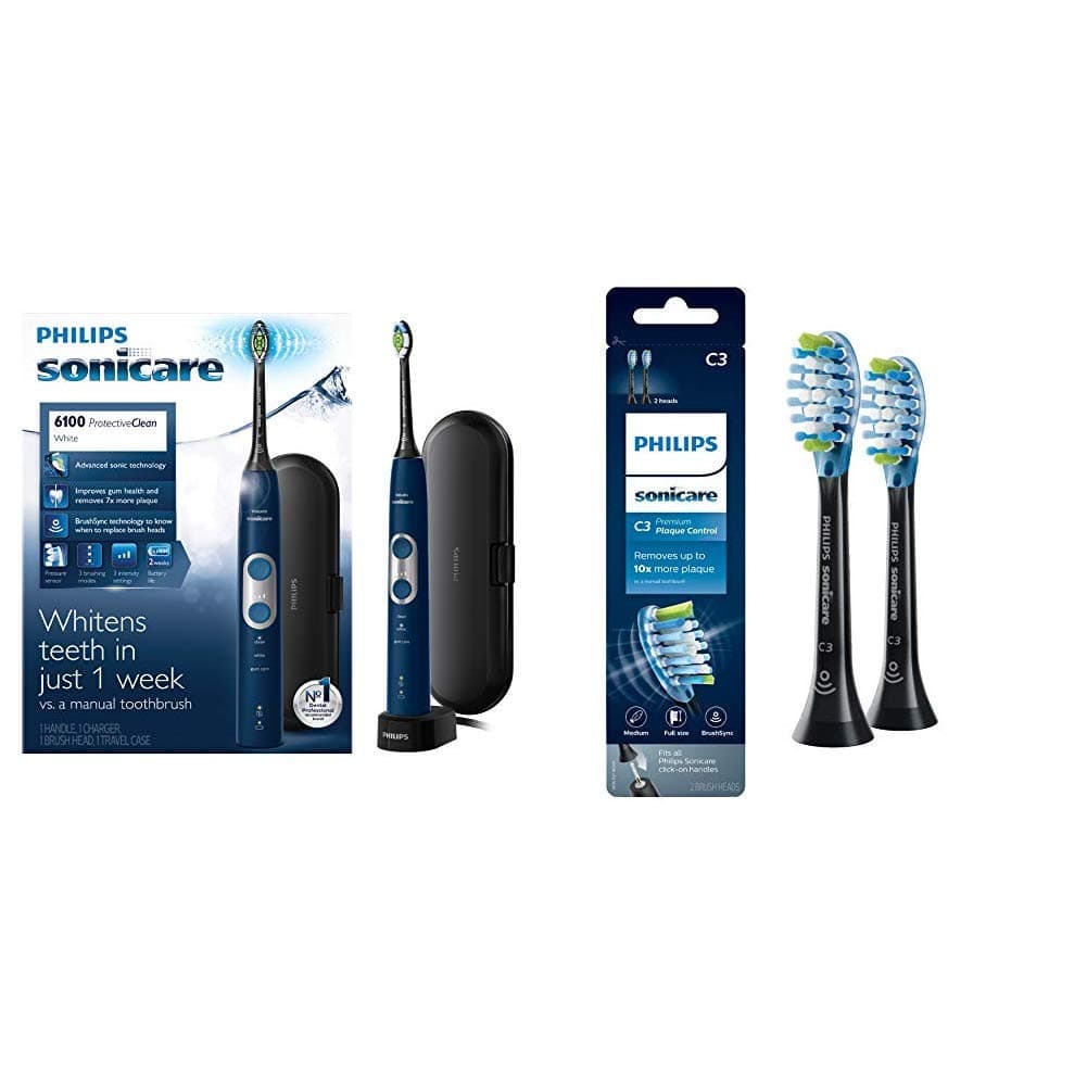Philips Sonicare Philips Sonicare Protective Clean 6100 Navy Blue and 2 pack Premium Plaque Control Brush Head Bundle