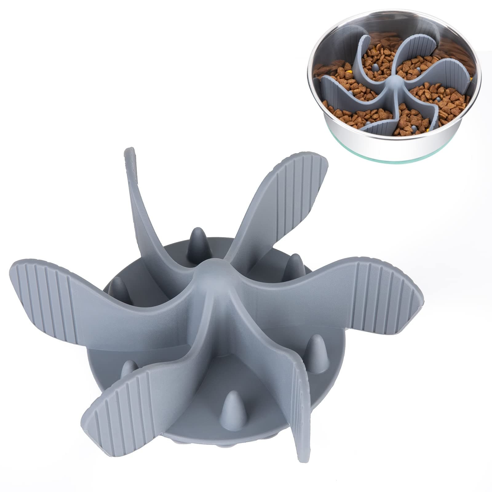Slow Feeder Dog Bowls Insert [Octopus Suction Cups] Super Firm Slow Eating Dog Bowl [Cuttable] for Large Breed and Medium Size Dog Compatible with Regular and Elevated Dog Bowls (Spiral)