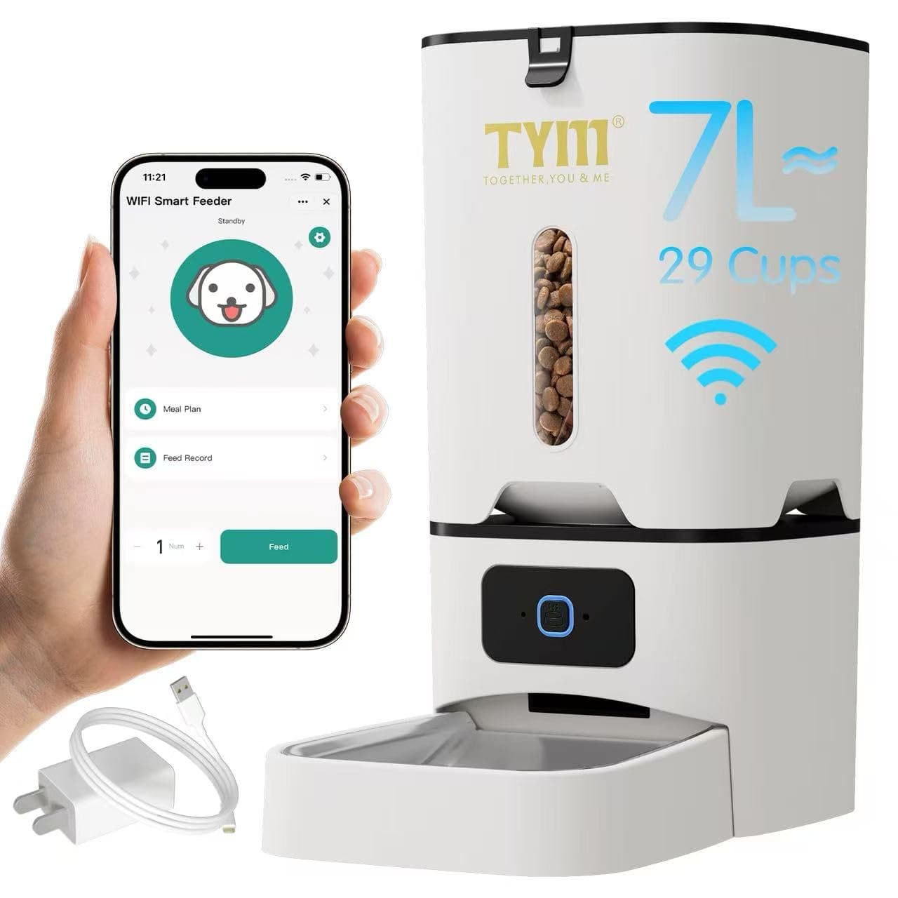 TYM 7L Timed Automatic Cat Feeder with Dual Power Supply, WiFi Automatic Dog Feeder with APP Control,Remote Feeding Auto Pet Food Dispenser for Cats and Small、Medium-Sized Dogs, White WiFi Pet Feeder