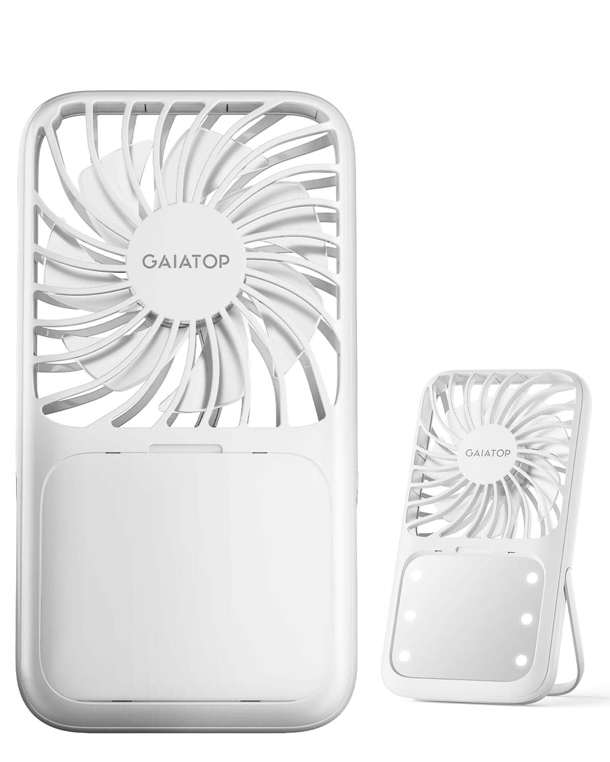 Gaiatop Gaiatop Portable Handheld Fan, 3 Speed LED Makeup Mirror with Light, Folding Stand for Desktop, Rechargeable Mini Personal Fans Small Travel Essentials Gifts for Women Girls White