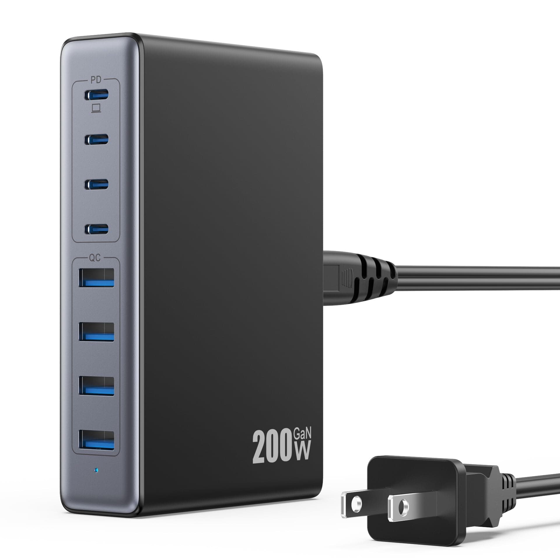 200W USB C Charger Block,GaN IV Charging Station 8 Ports,QC4.0 Fast Charging Station Hub+PD 65W USB C Laptop Charger Adapter Compatible with MacBook Air/Pro,DELL,iPhone 17/16/15,iPad,Steam Deck-Black Black-silver 200W