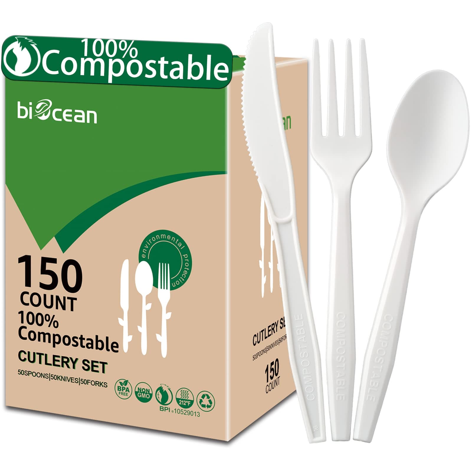 100%Compostable No Plastic Knives Disposable Forks Spoons Plastic Utensils, The Heavyweight Heavy Duty Flatware is Eco Friendly Products for Lounge Party Wedding BBQ Picnic Camping [150 Count] Utensils Set 150