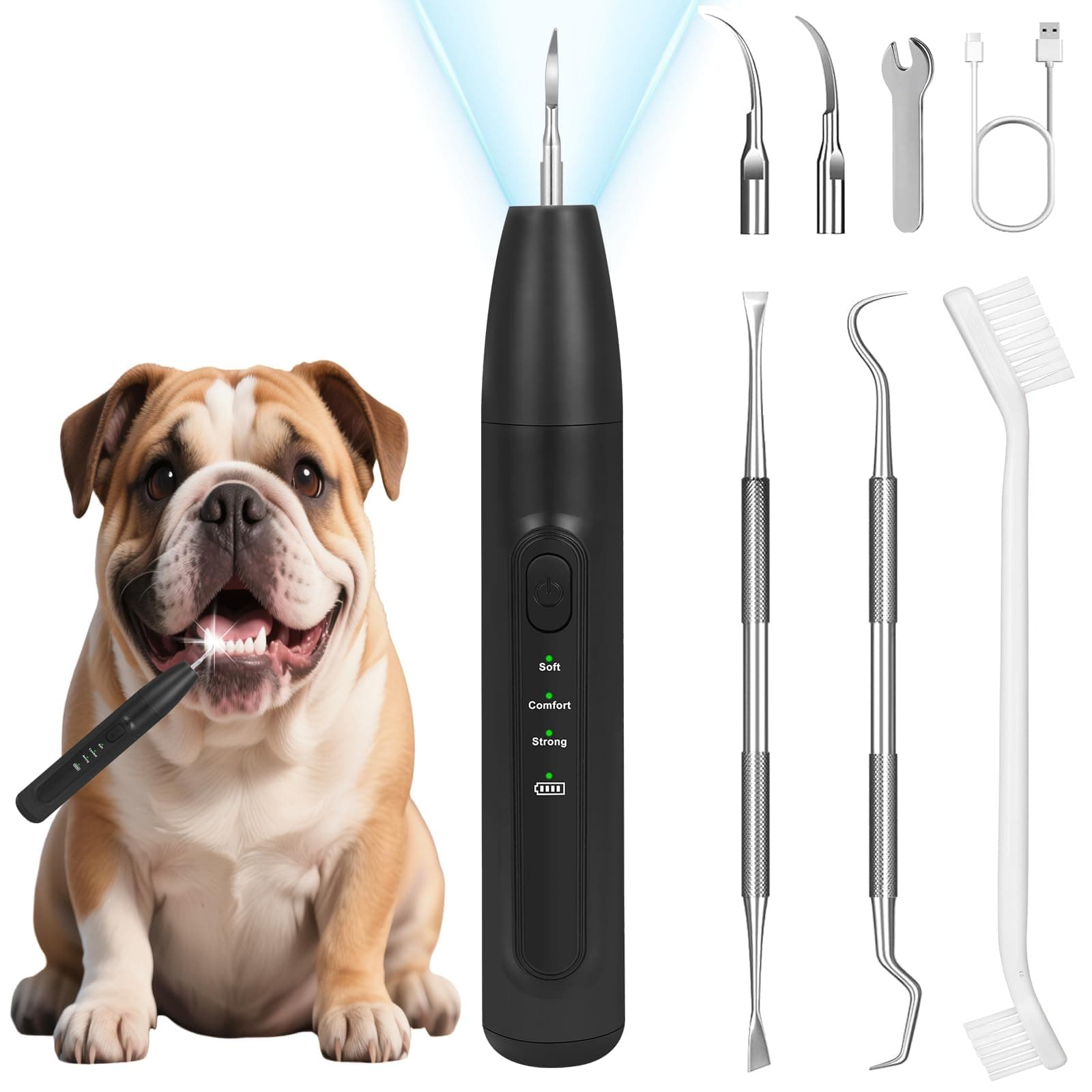 Dog Teeth Cleaning Kit,Dogs Tooth Brushing Kit with Light,3 Modes Doggie Toothbrush, Dog Plaque and Tartar Remover for Teeth,Low Noise Pet Teeth Cleaner,Black