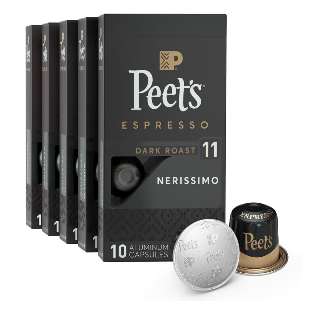 Peet's Coffee, Dark Roast Espresso Capsules, Compatible with Nespresso Original Machine - Nerissimo Intensity 11, 50 Count (5 Boxes of 10 Espresso Capsules) Nerissimo 10 Count (Pack of 5)