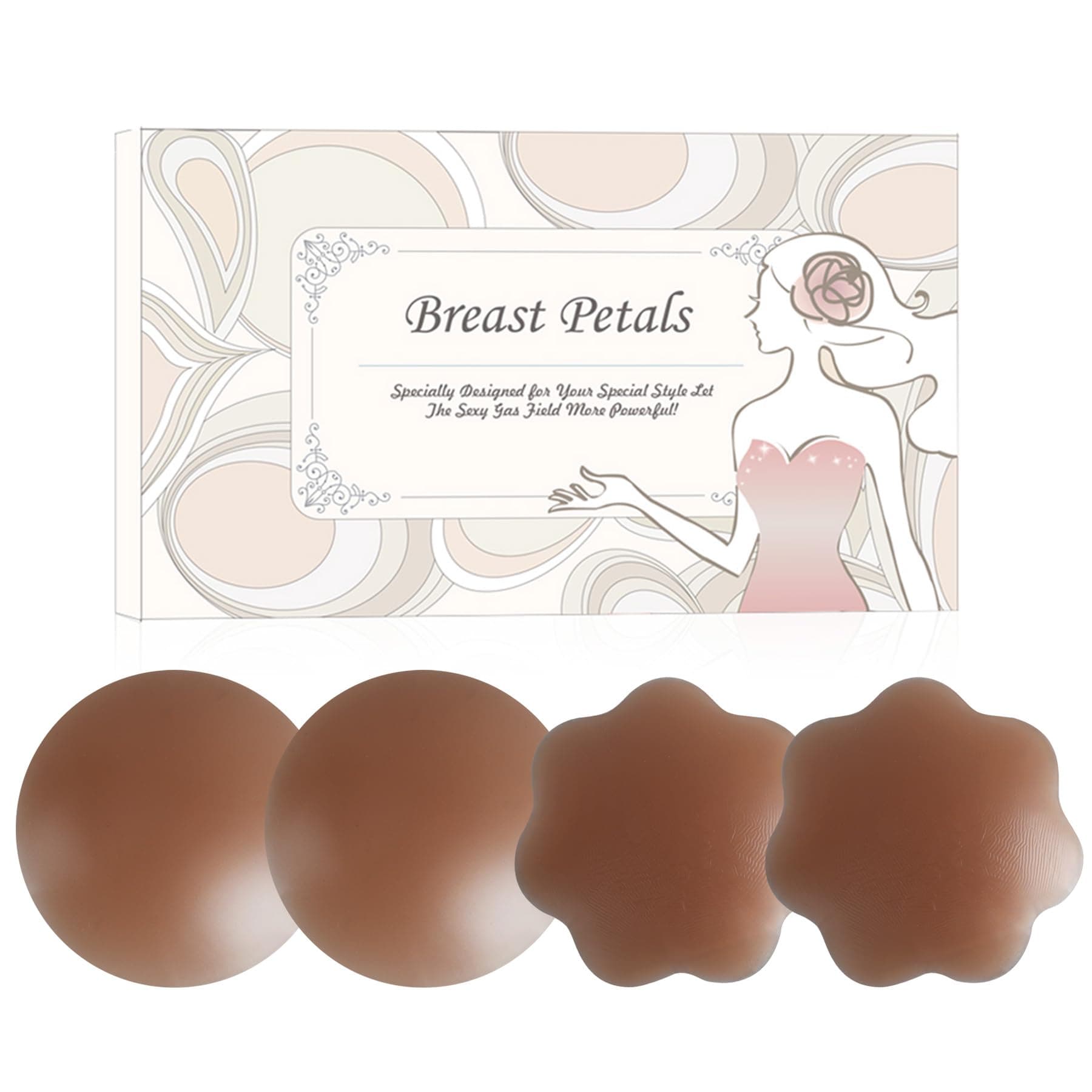 MUQU Nipple Covers Breast - No Show Pasties Reusable Women Sticky Seamless Silicone Breast Covers 2 Pairs Petals Espresso (2flower+2round)