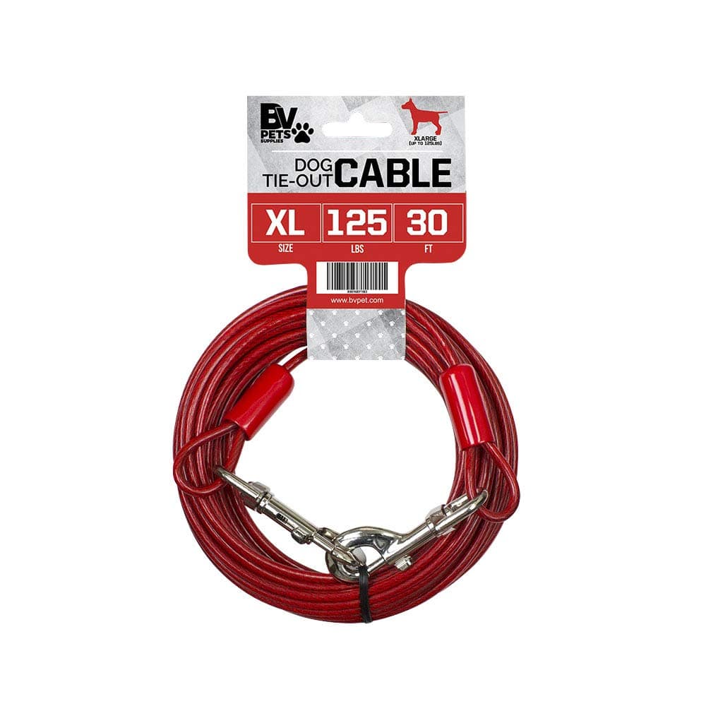 BV Dog Tie Out Cable 30 Feet - Heavy Duty Dog Lead Up to 125 Pounds - Reflective & Rust-Free with Quick Release Swivel Clips & 360° Rotating Clasp - Tangle-Free Dogs Runner for Yard (Red, Single) 125lbs/ 30ft/ Red Single