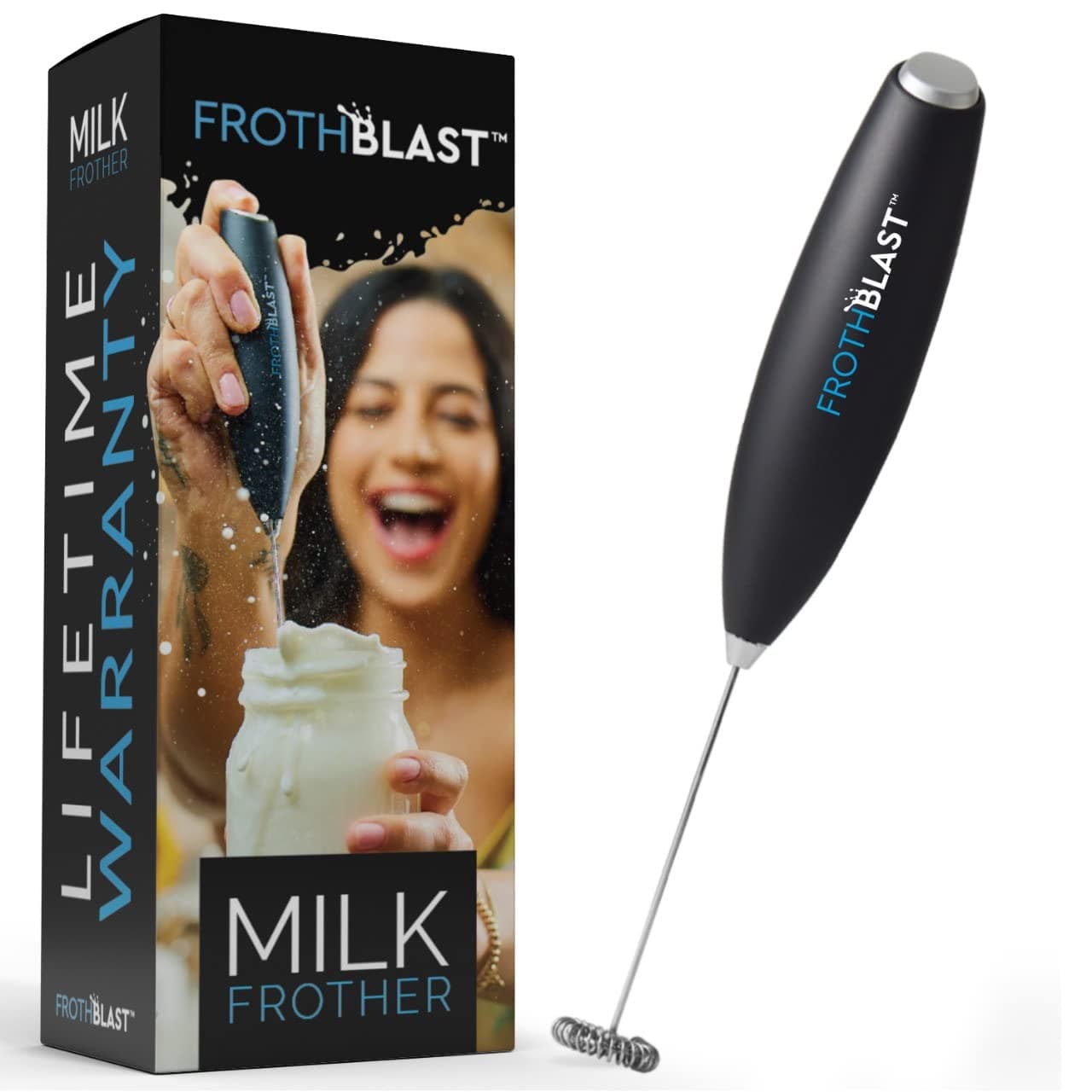 Milk Frother Handheld for Coffee (Foam Maker) Whisk Drink Mixer for Lattes, Cappuccino, Frappe, Matcha, Hot Chocolate Black