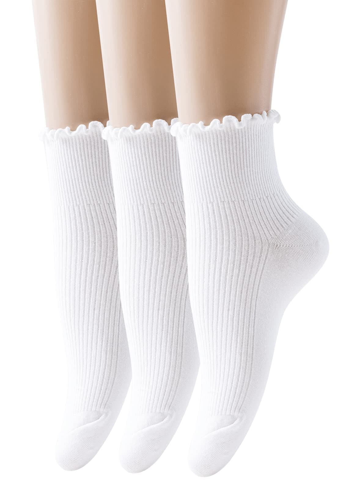SEMOHOLLI Women Socks, Women Ankle Socks, Lovely double needle solid color Lace edge relent lady socks Style1-3 Pairs-white