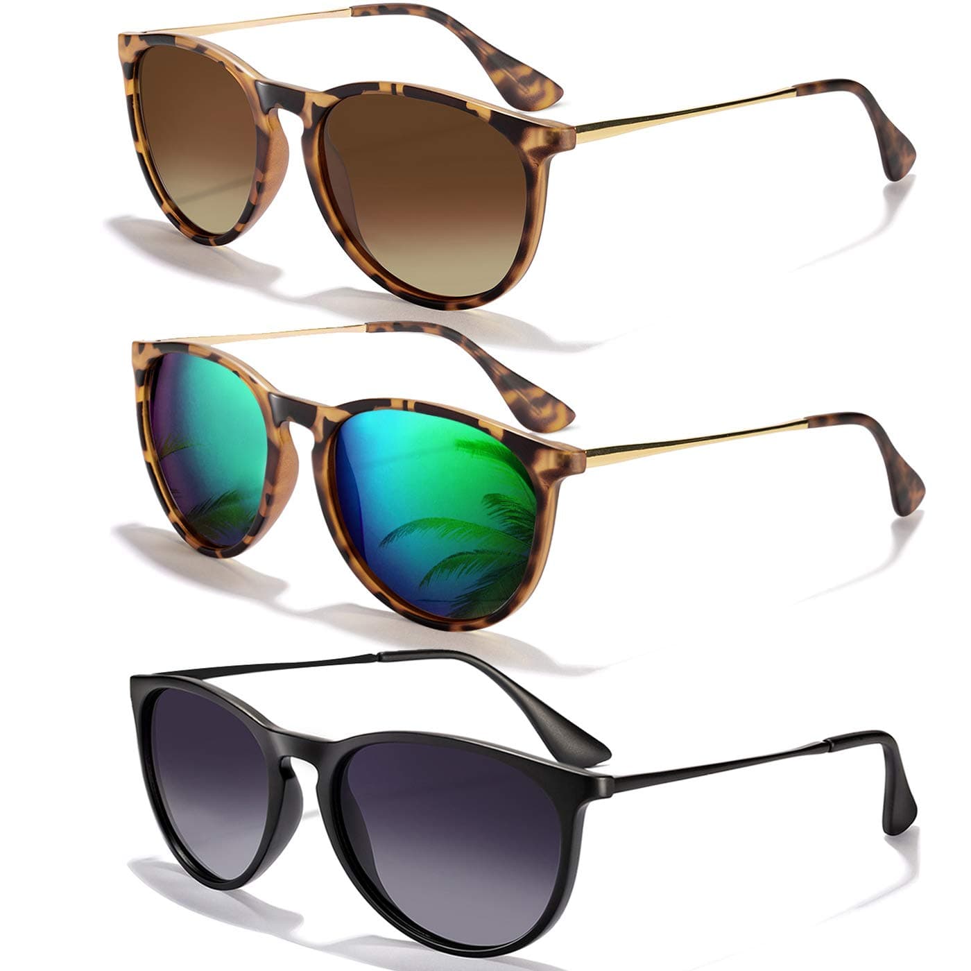 CHBP Sunglasses Womens Men Polarized UV Protection Trendy Vintage Retro Round Mirrored Lens Sunglasses For Women A-3pack-leopard Frame Green Lens+black Frame Gradient Grey Lens+leopard Frame Brown Lens