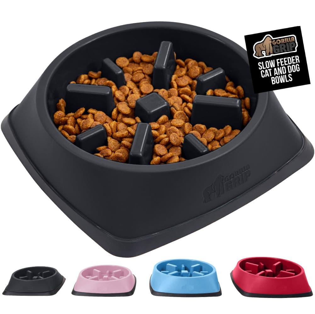 GORILLA GRIP Patent Pending Slow Feeder Dog Bowls, Interactive Puzzle Toy for Dogs and Cats Food Training, Keeps Pets Busy and Prevents Puppy Overeating, All Breeds, 100% BPA Free, 2 Cup, Black 2 Cup Black
