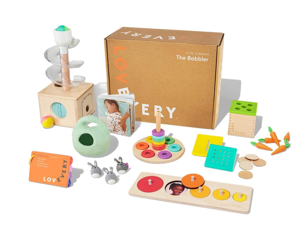 Lovevery | The Babbler Play Kit, Birthday Play Kit, Montessori Toddler Toy, 8 Play Products, 1 Board Book, and Play Guide (Best Birthday Gift for 1 Year Old), Medium