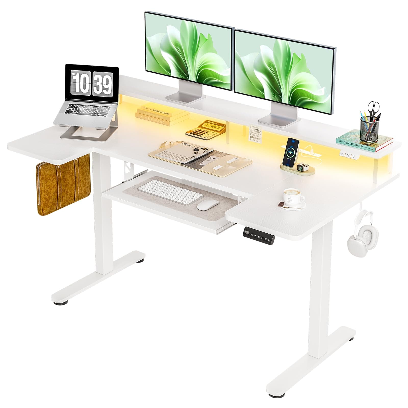 OffiGo U Shaped Electric Standing Desk with Keyboard Tray, 55 Inch Height Adjustable Desk with Power Outlets & LED Lights, Sit Stand Table with Monitor Stand for Home, Office, White White 55 Inch