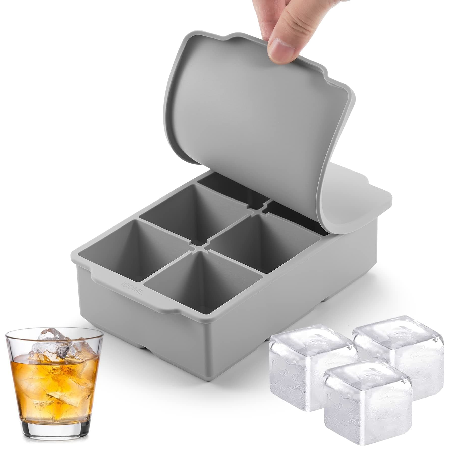 Nax Caki Large Ice Cube Tray with Lid, Stackable Big Silicone Square Ice Cube Mold for Whiskey Cocktails Bourbon Soups Frozen Treats, Easy Release BPA Free Grey(1 Pack)
